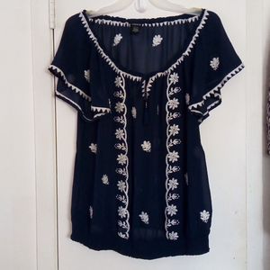 Blue Chiffon Embroidered Peasant Blouse